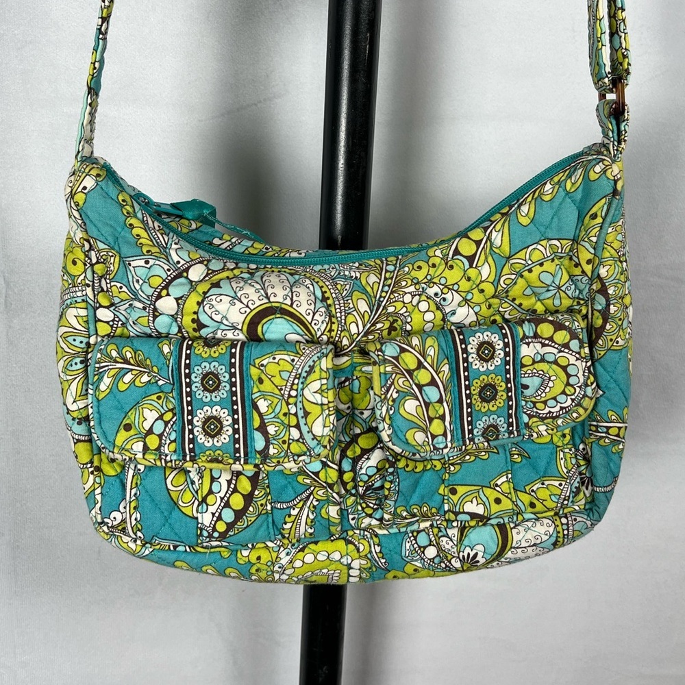 Vera Bradley Small Long Strap Shoulder Bag Blue Green Paisley - Picture 1 of 9